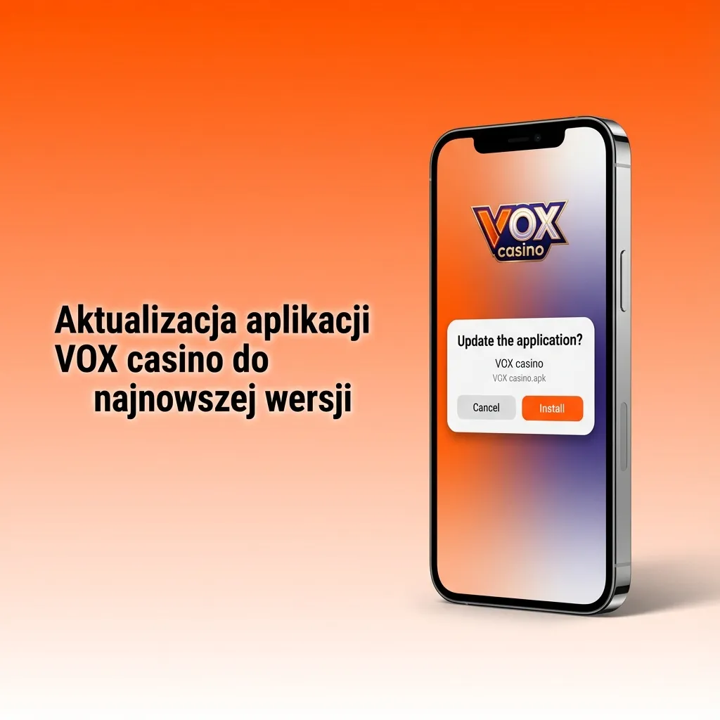 Ilustracja smartfona z ikoną VOX casino PWA i komunikatem o automatycznej aktualizacji treści bez App Store